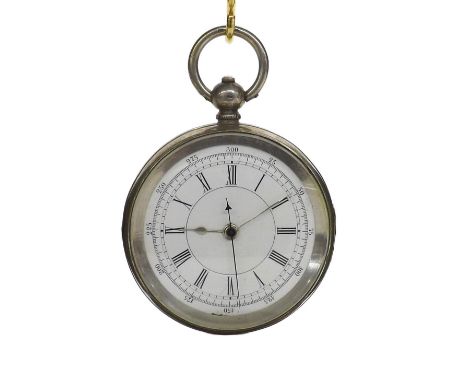 Continental silver (0.935) lever chronograph pocket watch, frosted three-quarter plate movement, the dial with Roman numerals