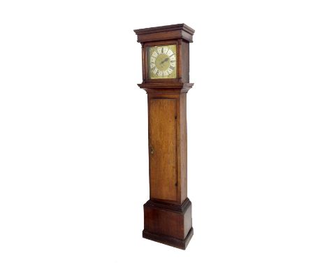 Oak thirty hour longcase clock, the 11" square brass dial signed Francis Pile, Honiton on the silvered chapter ring enclosing