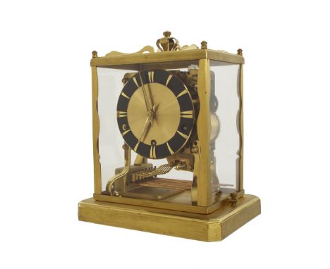 Schatz & Sohne three train mantel clock striking on eight copper rods, the 4.25" dial within a glazed stepped polished brass 