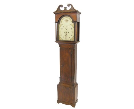 Mahogany and stained wooden eight day longcase clock, the 13" painted arched dial signed Nicholson, Berwick, with subsidiary 