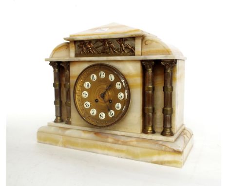 French white and yellow veined marble two train mantel clock striking on a gong, the 4.75" concave gilt dial with raised Arab