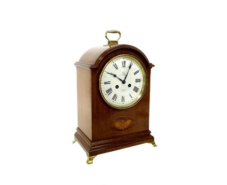 Mahogany inlaid two train bracket clock striking on a gong, the 5.5" white dial inscribed Examined by Dent, 4 Royal Exchange,