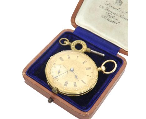 Bover, Geneve Swiss 18k fob watch, signed gilt bar cylinder movement, foliate gilt engraved dial with Roman numerals and subs