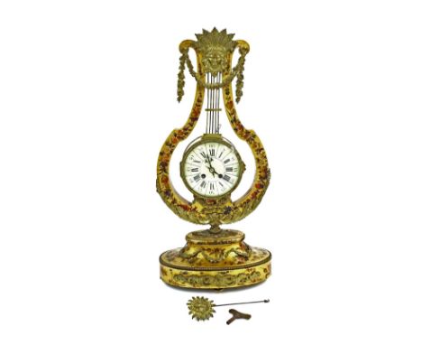 Interesting lyre shaped two train mantel clock, the movement with outside countwheel striking on a bell, the 5" circular dial