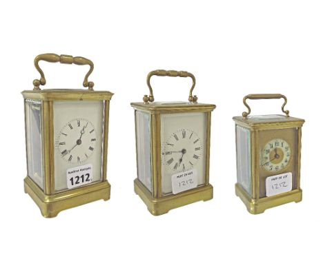 Three carriage clock timepieces, each within brass corniche case (3)
