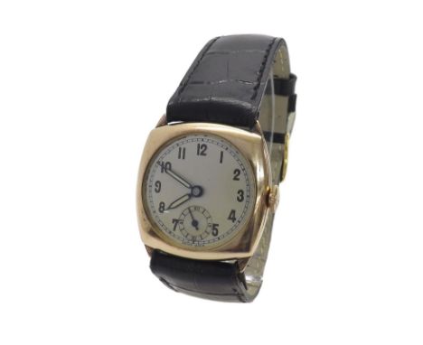 9ct cushion cased mid-size wristwatch, London 1945, circular silvered dial with Arabic numerals and subsidiary seconds dial, 