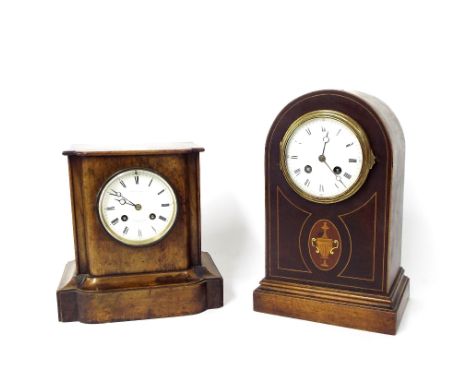 French walnut two train mantel clock, the movement with outside countwheel striking on a  gong, the 3.5" white dial signed Fa