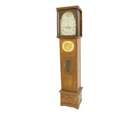 Eight day longcase clock, the 13" painted arched dial signed William Nickifson, Newcastle, with subsidiary seconds dial and c