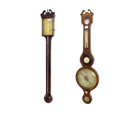 Oak stick barometer, the brass scale plate signed Thomas Wright, Sarum, with flat trunk and hemispherical stepped cistern cov