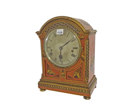 English red chinoiserie decorated three train bracket clock, the movement playing on four small gongs and striking on a large