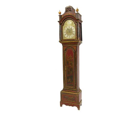 Good English red lacquer and chinoiserie decorated eight day longcase clock (in need of restoration), the 12" brass arched di