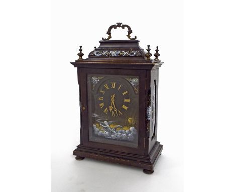 Interesting ebonised bracket clock timepiece striking on a gong, decorated with a Limoges dial and panels, within a stepped c