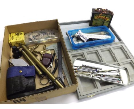 Quantity of watchmakers tools to include measuring calipers, Bergeon 1492 loupe and two further loupes, two brass scales, cas