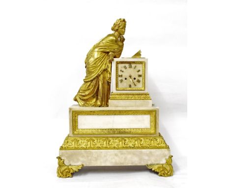 White marble and ormolu two train figural mantel clock striking on a bell, the 4.5" square marble dial within a pedestal surr