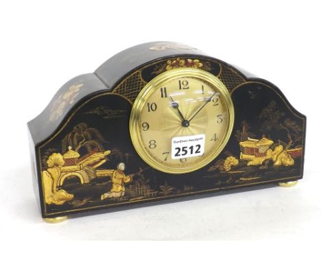 French black chinoiserie decorated mantel clock timepiece, the 3.5" gilt dial within a rounded arched shaped case decorated w