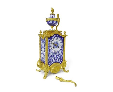 French ormolu and porcelain mounted two train mantel clock, the Japy Freres movement striking on a bell, the shaped porcelain