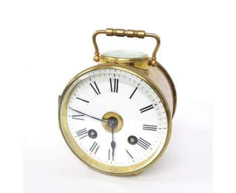 Brass drumhead two train mantel clock striking on a bell, the 3.5" white dial surmounted by a visible platform escapement and