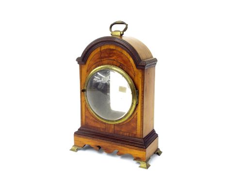 Good small satinwood inlaid bracket clock case with aperture for a 4" circular dial, the door with cast bezel and convex glas