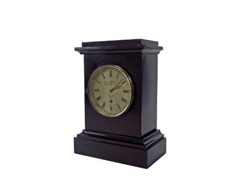 Good English black marble fusee mantel clock, the 4" silvered dial and movement back plate signed James McCabe, Royal Exchang