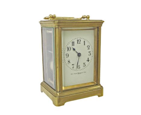 French carriage clock striking on a gong, the dial signed Sir John Bennett Limited, Paris, within a corniche brass case, 6.75