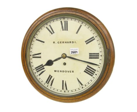 Oak single fusee 12" wall dial clock signed R. Gerhardi, Wendover, within a turned surround (pendulum)