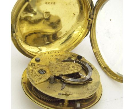 Small English gilt metal fusee verge pocket watch, signed Wm Ray, Bury St Edmunds, no. 9615, with engraved balance cock, flat