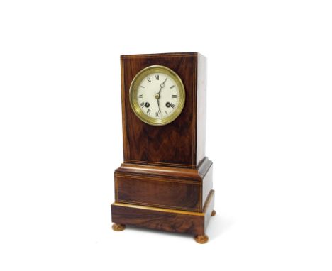 French rosewood two train mantel clock, the movement with outside countwheel striking on a bell, the 3" silvered dial within 