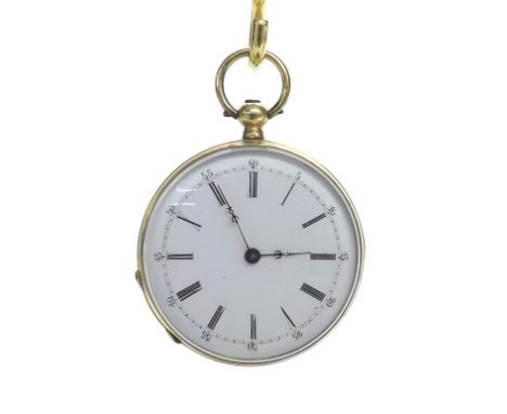 Attractive Continental 18k and enamel fob watch, the dial with Roman numerals and outer five minute divisions, inscribed cuve