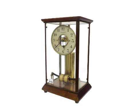 Bulle mahogany four glass electric mantel clock, the 5.25" silvered chapter ring signed Bulle-Clock enclosing a skeletonised 