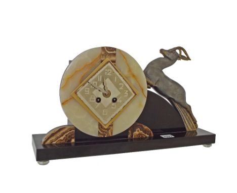 Art Deco coloured marble and bronzed two train mantel clock striking on a bell, the lozenge mirrored dial upon a circular pla