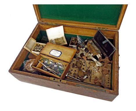 Wooden box containing a quantity of miscellaneous horological precision tools
