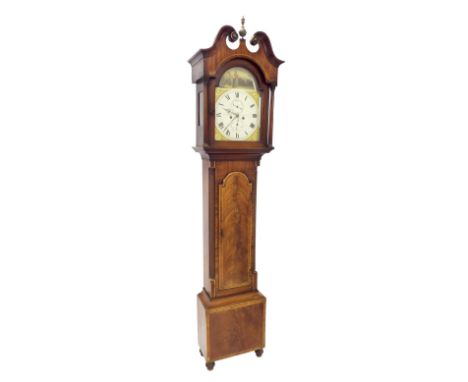 Mahogany crossbanded eight day longcase clock, the 12" painted arched dial signed James Aiken, Kincardoneil, with subsidiary 