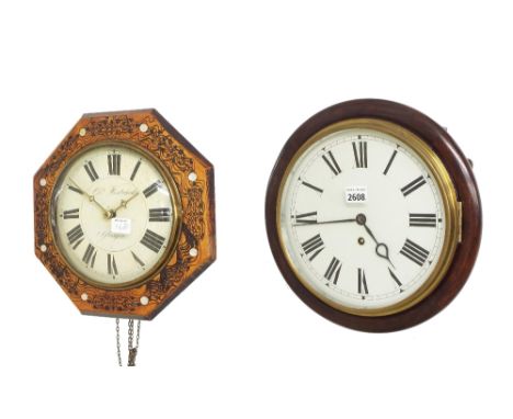 Contemporary 12" single fusee wall dial, within a turned surround (pendulum and key); also a Black Forest postman's alarm clo