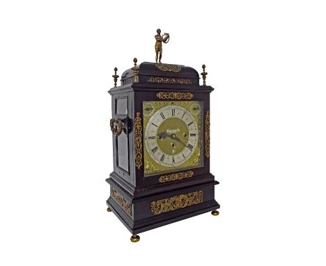 Large and interesting English ebonised triple fusee musical table clock, the substantial six pillar movement with foliate eng