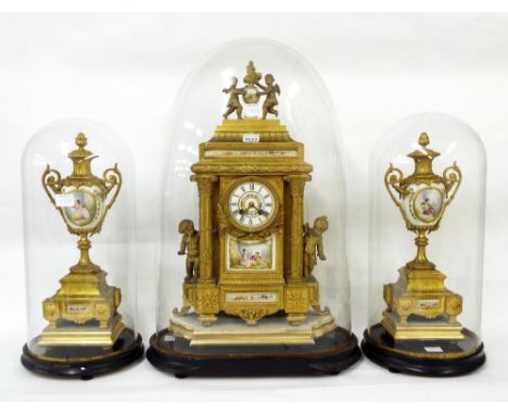 French gilt metal and porcelain mounted two train mantel clock garniture, the Mougin movement striking on a gong, the 3.5" wh