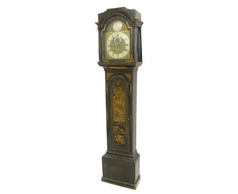 Black lacquer and chinoiserie decorated eight day longcase clock with five pillar movement, the 12" brass arched dial signed 