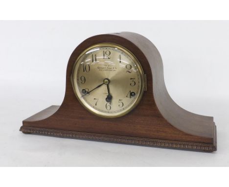 Mahogany three train Napoleon hat mantel clock, the Alba movement striking on five rods, the 5.25" silvered dial inscribed Ex
