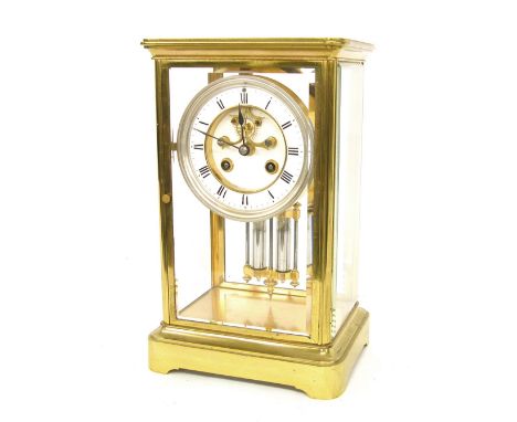 Brass four glass two train mantel clock, the Vincenti movement striking on a bell, the 3.5" dial with recessed visible escape