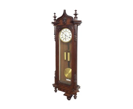 Oak double weight Vienna regulator wall clock, the 6.25" white dial with subsidiary seconds dial, within a glazed Gothic styl