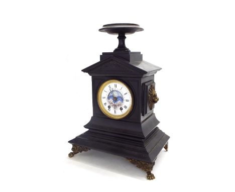 Good French black marble two train mantel clock, the movement with outside countwheel striking on a bell, the 4.25" white dia