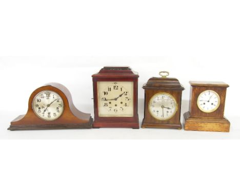 Stained wooden Gustav Becker three train mantel clock striking on five rods, the 7" silvered square dial with chime/silent le