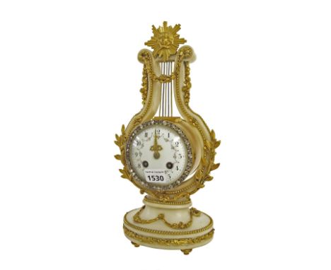 French white marble and ormolu mounted two train lyre mantel clock, the movement striking on a bell and enclosed by a pierced