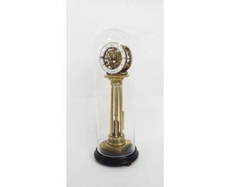 Reproduction single fusee spring-up skeleton clock, under a glass dome upon a turned socle, 18.5" high overall