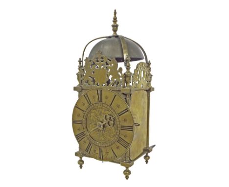 Good English brass original verge hook and spike lantern clock, the 6.75" brass dial signed E. Webb, Bourton enclosing a foli