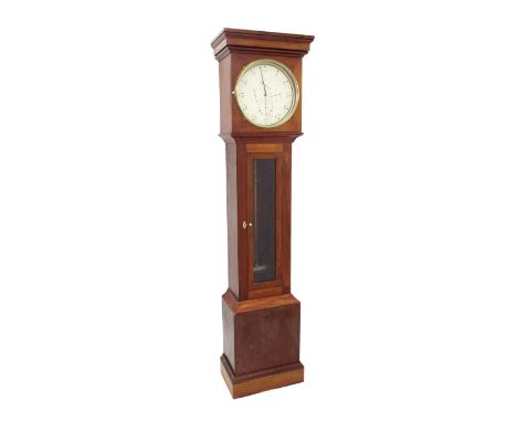 Mahogany regulator longcase clock, the 12" circular white dial with subsidiary hour, seconds, calendar and days of the week d