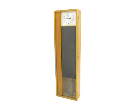 Contemporary light oak master clock, the rectangular silvered dial within a glazed case, 49.5" high (pendulum); also a Bulle 