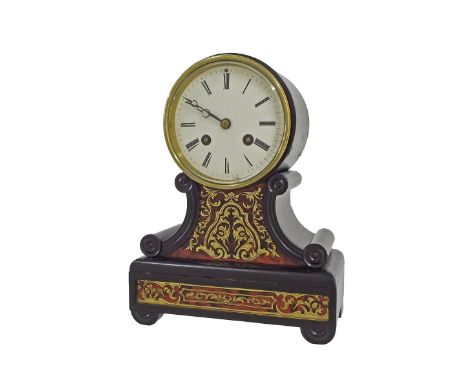 French boulle and ebonised drumhead two train mantel clock, the Japy Fils movement with outside countwheel striking on a bell