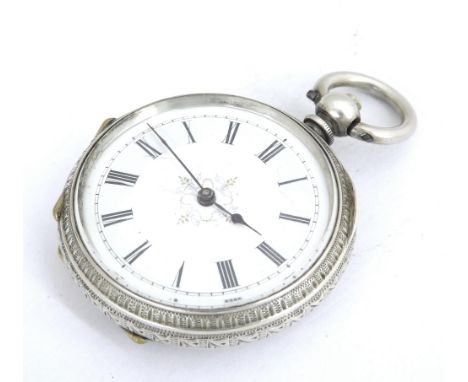 Swiss cylinder fob watch with a foliate engraved and engine turned case, 42mm