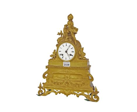 French ormolu two train figural mantel clock, the movement with outside countwheel striking on a bell, the 3.25" white dial w