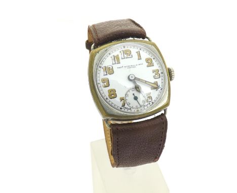 Thos Russell & Son cushion nickel cased wire-lug gentleman's wristwatch, the circular white dial with overpainted Arabic nume